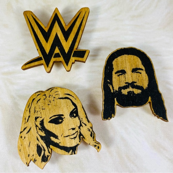 RARE Laser cut wood WWE Superstar lapel pins Alexa Bliss Seth Rollins WWE Logo - Picture 1 of 3